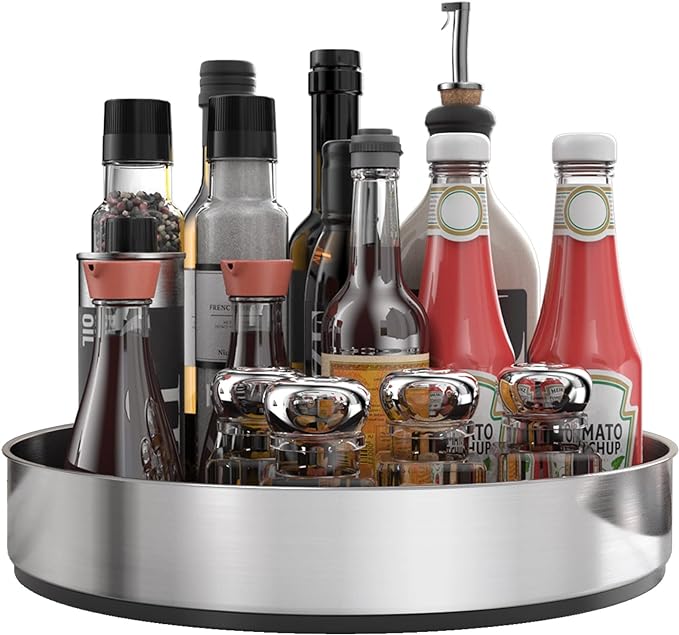 VAEHOLD Pantry Cabinet Lazy Susan Stainless Steel Black Spice Rack Turntable - Decorative Trays Storage Containers Organizer for Kitchen Cabinet, Snacks, Bathroom (12 inches)