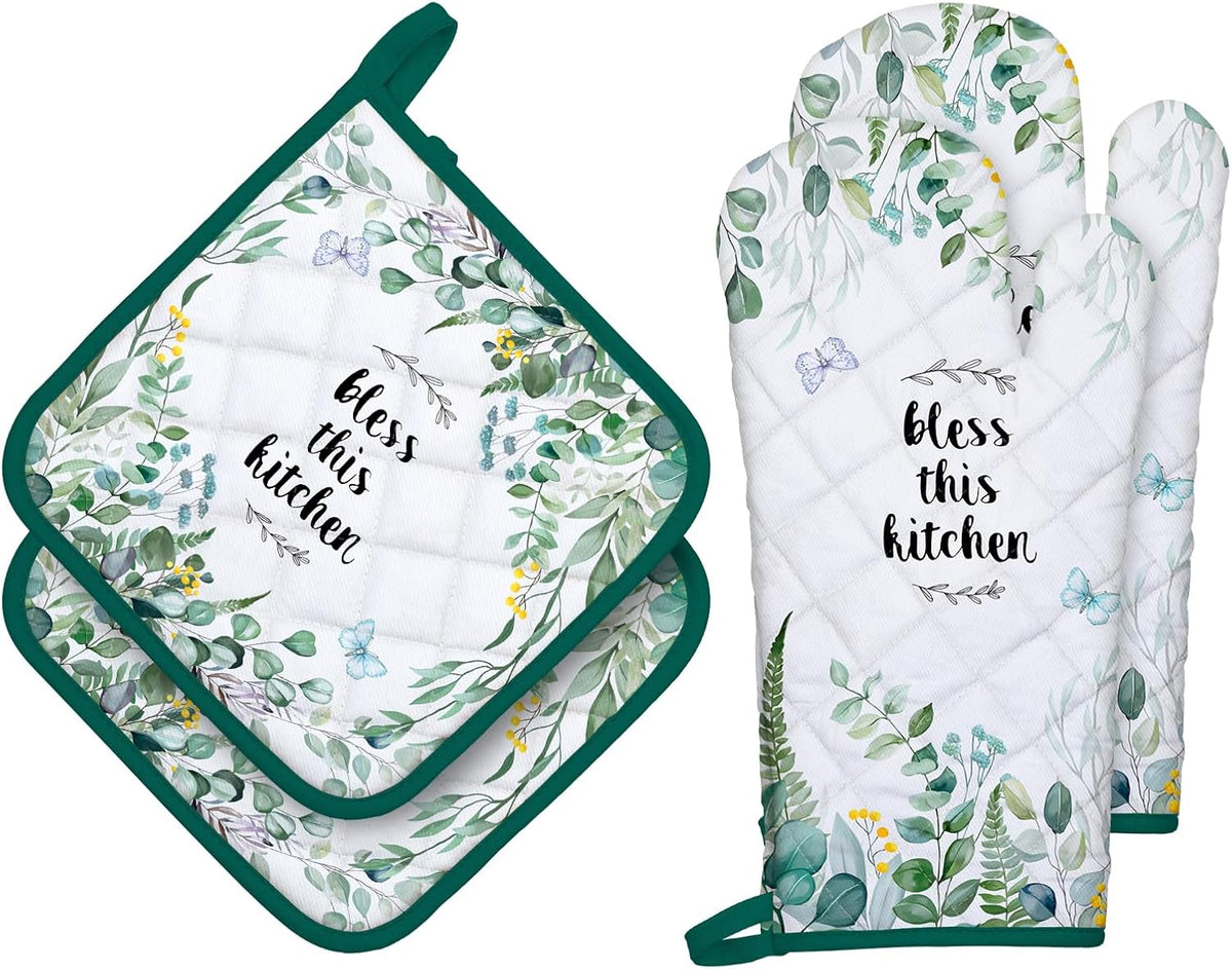 Eucalyptus Leaf Oven Mitts and Pot Holders Sets 4Pcs, 100% Cotton Heat Resistant, Extra Long Oven Gloves Potholder for Kitchen Cooking Baking Decoration