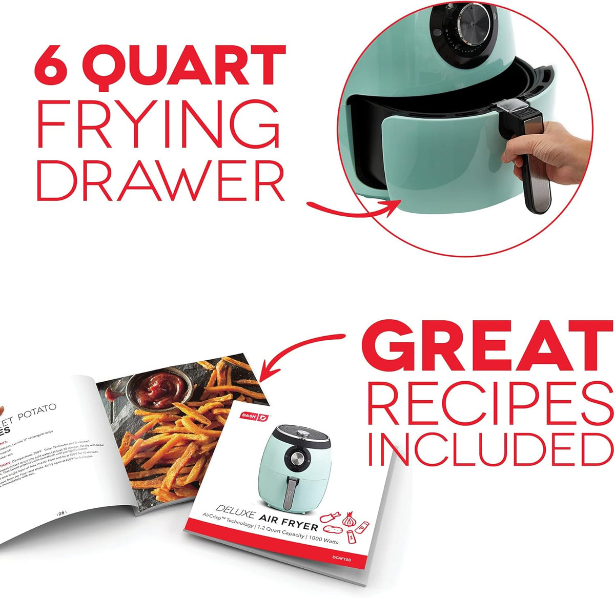 DASH Deluxe Electric Air Fryer + Oven Cooker with Temperature Control, Non-stick Fry Basket, Recipe Guide + Auto Shut Off Feature, 1700-Watt, 6 Quart - Aqua
