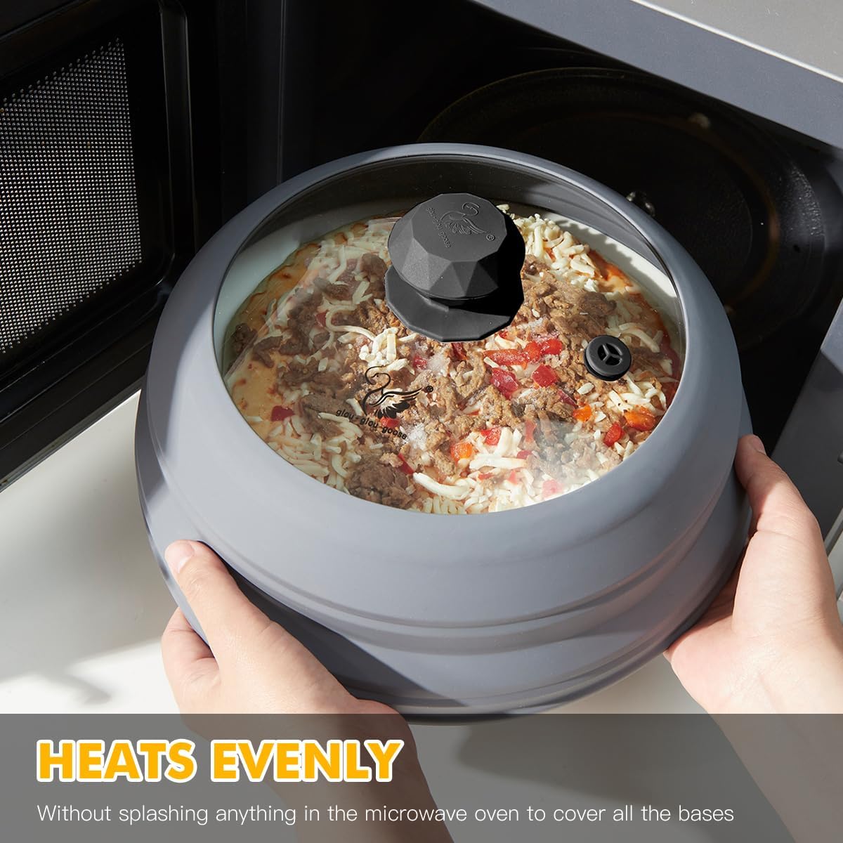 Microwave Splatter Cover Vented Glass Splatter Guard Lid with Collapsible Silicone for Food as Pot Cover Plate 9.8 inch Light Grey