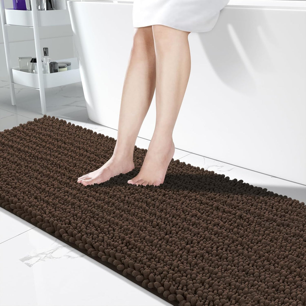 Yimobra Bathroom Runner Rug 70x24 Inch - Extra Long Non Slip Chenille Bath Mat, Soft & Absorbent, Machine Washable Shaggy Hallway Carpet for Vanity Tub Shower, Brown Home Decor Accessories