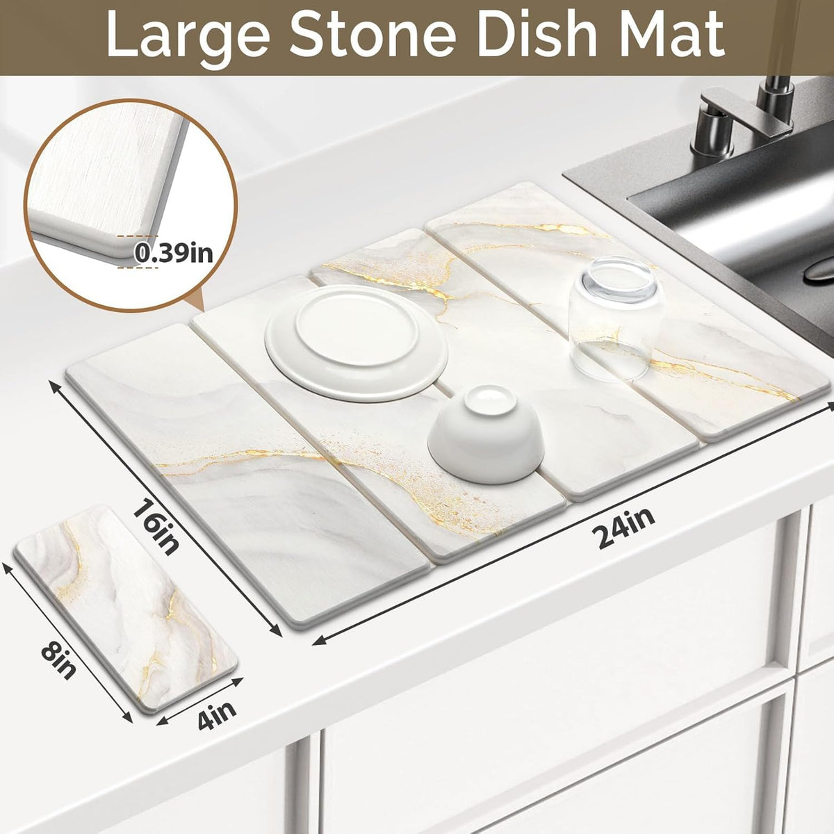 Large Stone Dish Drying Mat for Kitchen Counter Quick Dry Stone Dishes Mats Marbled Water Absorbing Diatomaceous Earth Drying Pad for Countertop Bottles Utensils Cups (Yellow White 24"x16"&8"x4")