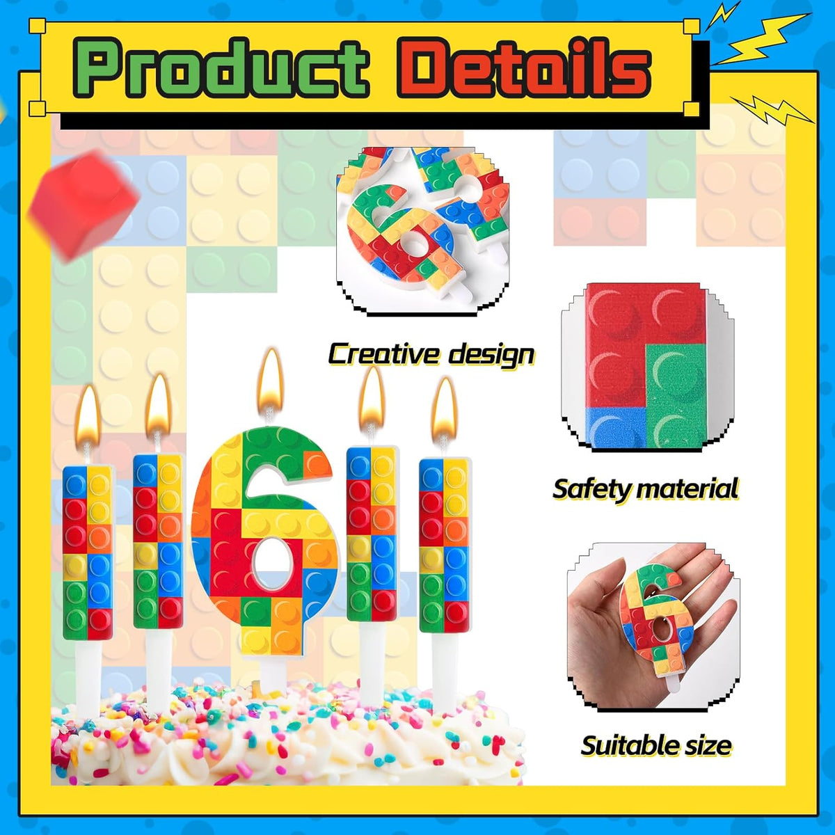 7 Pcs Building Block Themed Birthday Candles Set Building Blocks Number 6 Candle Cake Topper for Building Block Party Decoration Supplies (Number 6)