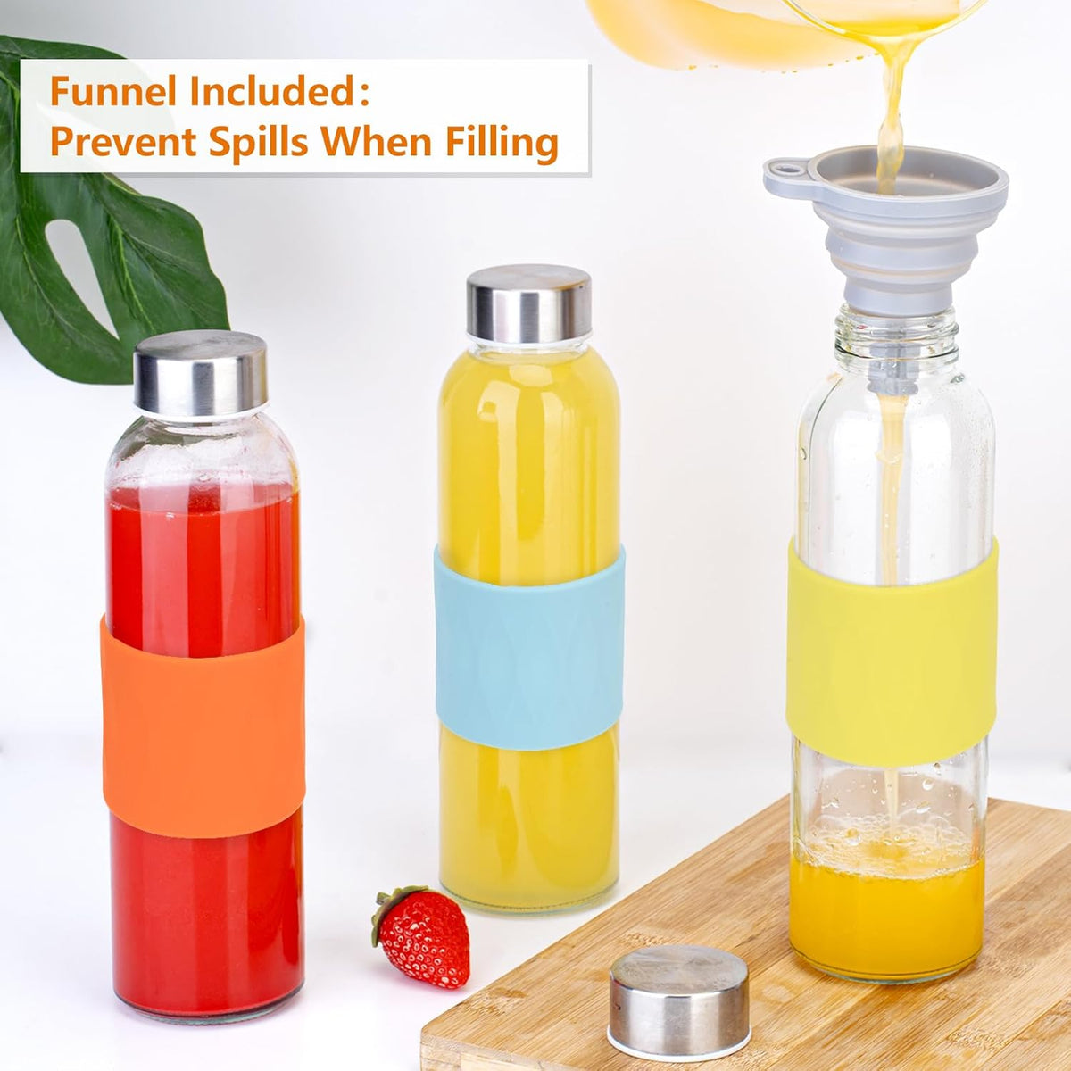 Zukro Glass Water Bottles with Lids 18 oz, Reusable Clear Juice Bottles Stainless Steel Airtight Cap for Juicing, 100% Leak Proof Juice Drinking Jar With Sleeve for Refrigerator, BPA Free, Set of 3
