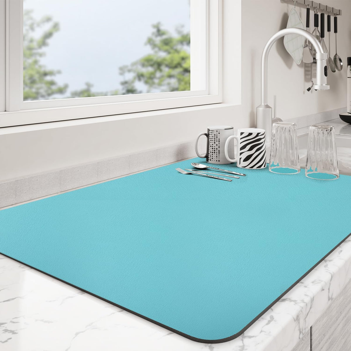 Dish Drying Mat for Kitchen Counter | Coffee Bar Mat for Countertops | Heat Resistant Drainer Mat with Non-slip Rubber Backed | Hide Stain Kitchen Absorbent Draining Mat | Turquoise 16"x24"