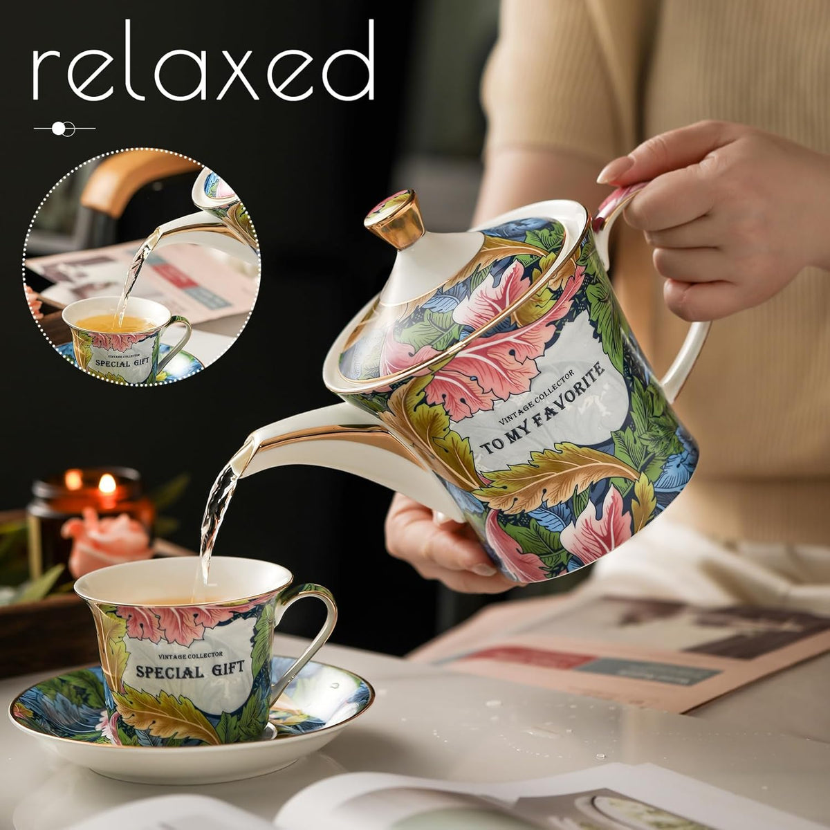ACMLIFE Tea Cup and Saucer Set for 1, Vintage Floral Bone China Tea Cup Set with Saucer 24K Gold, Porcelain Tea Cup with Spoon and Gift Box, 6.8 oz (Green)