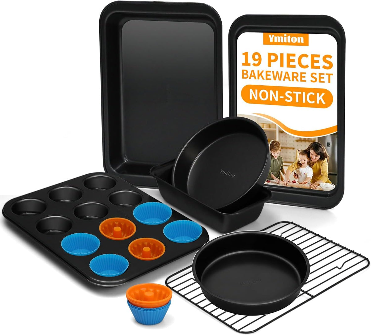 Nonstick Baking Pans Set, 19 PCS Stackable Bakeware Sets, Oven Pan Set Includes Baking Tray, Cookie Sheet, Cake Pans, Loaf Pan, Muffin Pan, Silicone Cups