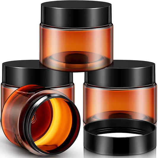 Patelai 4 Pieces Round Wide-mouth Leak Proof Plastic Container Jars with Lids for Travel Storage Makeup Beauty Products Face Creams Oils Salves Ointments DIY Making(2 Ounce,Amber)
