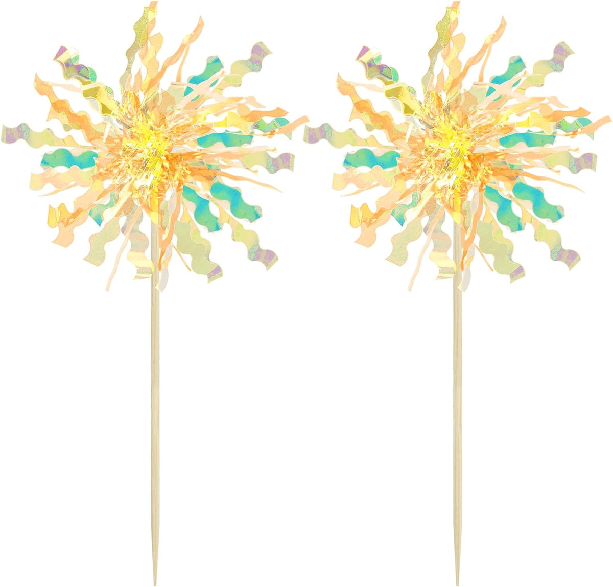 Gyufise 20Pcs Foil Firework Cupcake Toppers Happy Birthday Cake Toppers Tinsel Flower Drink Stirrers Cocktail Food Fruit Toothpicks for Valentine's Day Party Birthday Wedding Supplies Yellow