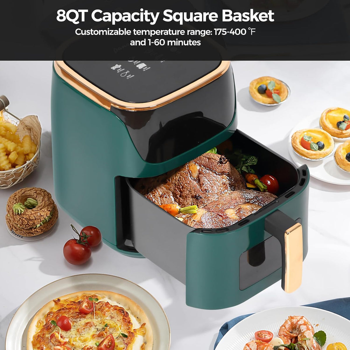 Panana 8QT Large Air Fryer Compact, 8 Preset Menus Airfryer, One-Touch Digital Control Presets, Touchscreen Display, Dishwasher Safe, Nonstick, Fit for Family (Green)