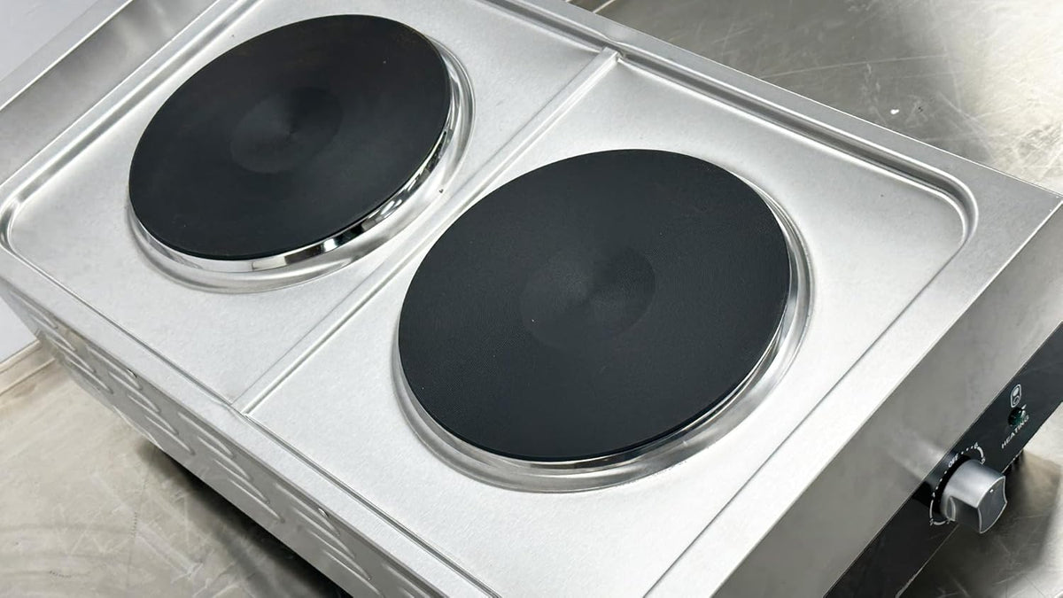 Commercial Double Hot Plate, 3600W Electric Burner, 9-inch Cast Iron Plates, 6 Heat Settings, Stainless Steel Construction FG-02A ETL