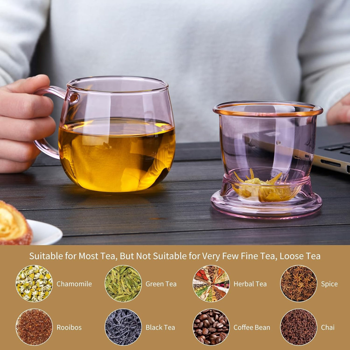 11oz Pink Glass Tea Cup with Infuser and Lid– Versatile and Elegant Gift for Women, Perfect for Loose Leaf Tea and Other Beverages
