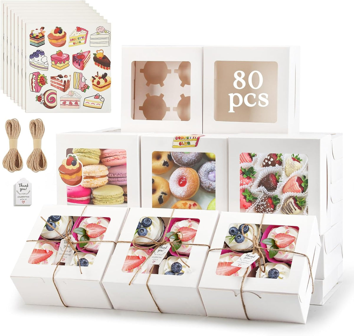 OAMCEG 80 Pack Cookie Boxes with Window 6x6x3 Inches White Cupcake Boxes, Bakery Treat Boxes with Stickers & Twine for Pastry, Desserts, Strawberries, Cupcakes, Gift Giving