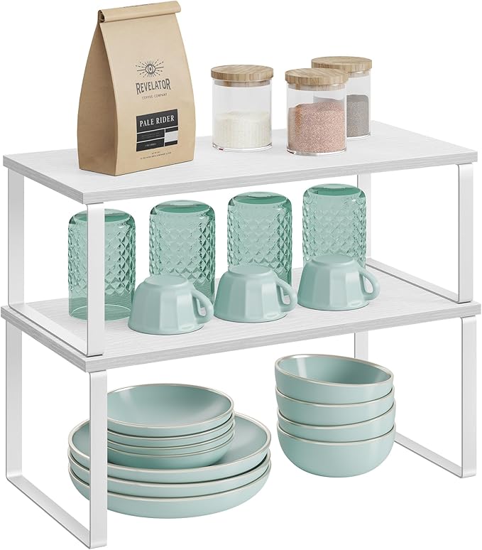 SONGMICS Cabinet Organizer Shelf, Set of 4 Kitchen Counter Shelves, Kitchen Storage, Spice Rack, Stackable, Expandable, Metal and Engineered Wood, Cloud White and Snow White UKCS028W01