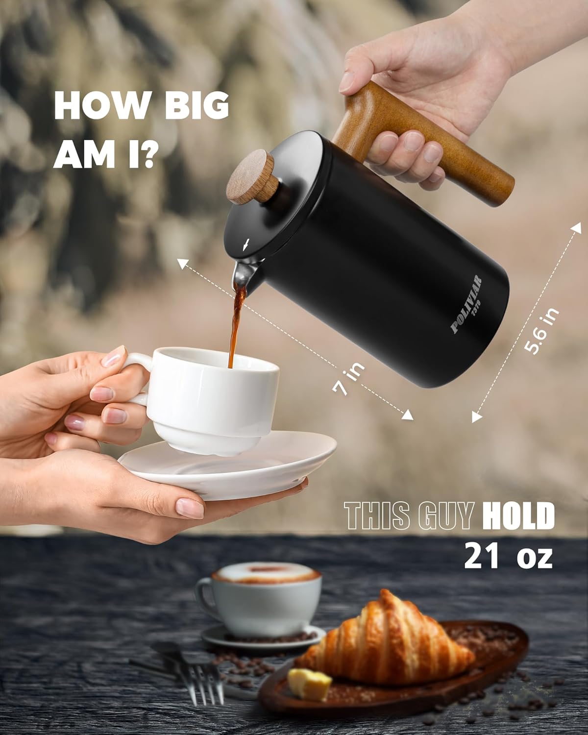 POLIVIAR French Press Coffee Maker, 21 oz Coffee Press with Real Wood Handle, Double Wall Insulation & Dual-Filter Screen, Food Grade Stainless Steel for Good Coffe and Tea, JX2024-SFPB