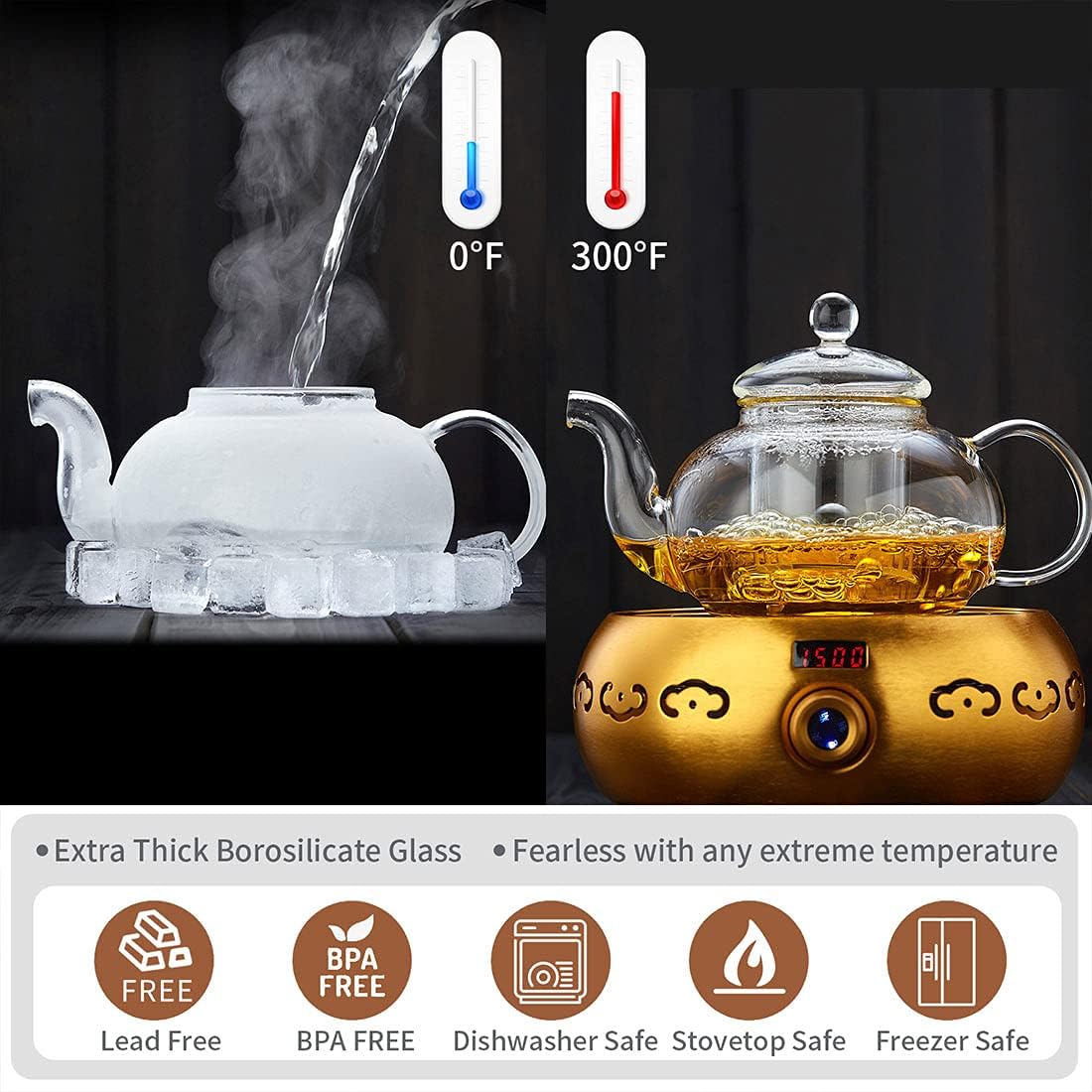 Glass Teapot with Removable Clear Infuser, 27 oz/ 800 ml Stove Top & Microwave Safe Borosilicate Glass Kettle with Loose Leaf Tea Strainer For Flower Blooming Tea