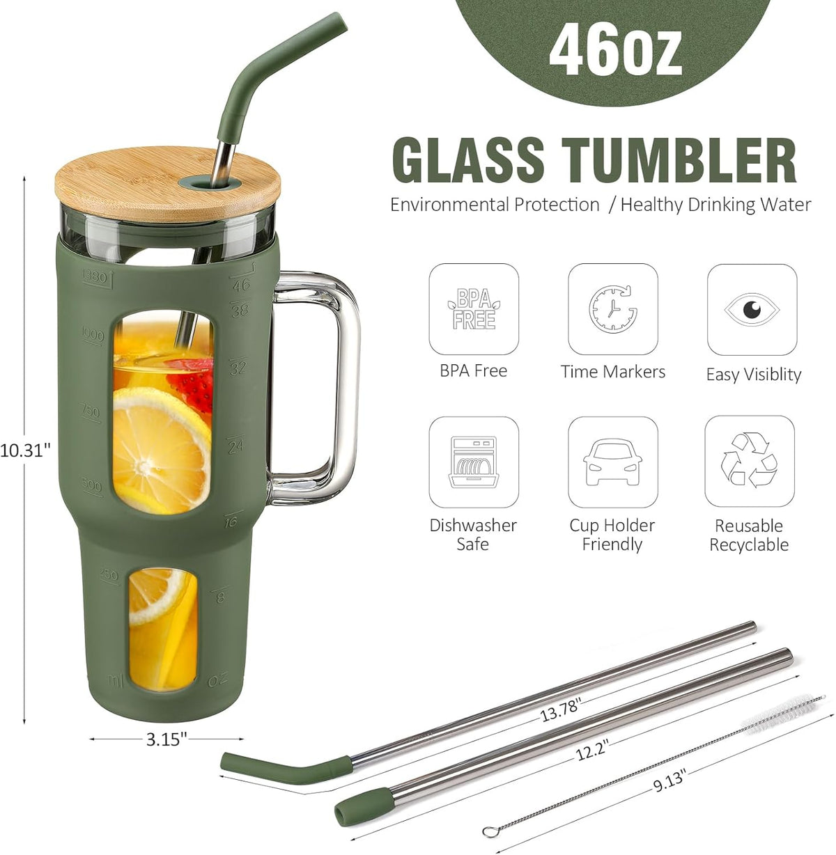 Glass Tumbler with Lid and Straw, 46 oz Iced Coffee Cup with Handle, Large Water Bottles with Silicone Sleeve, Glass Cup with Straws - Pearl Straw & Drinking Straw BPA Free-Olive