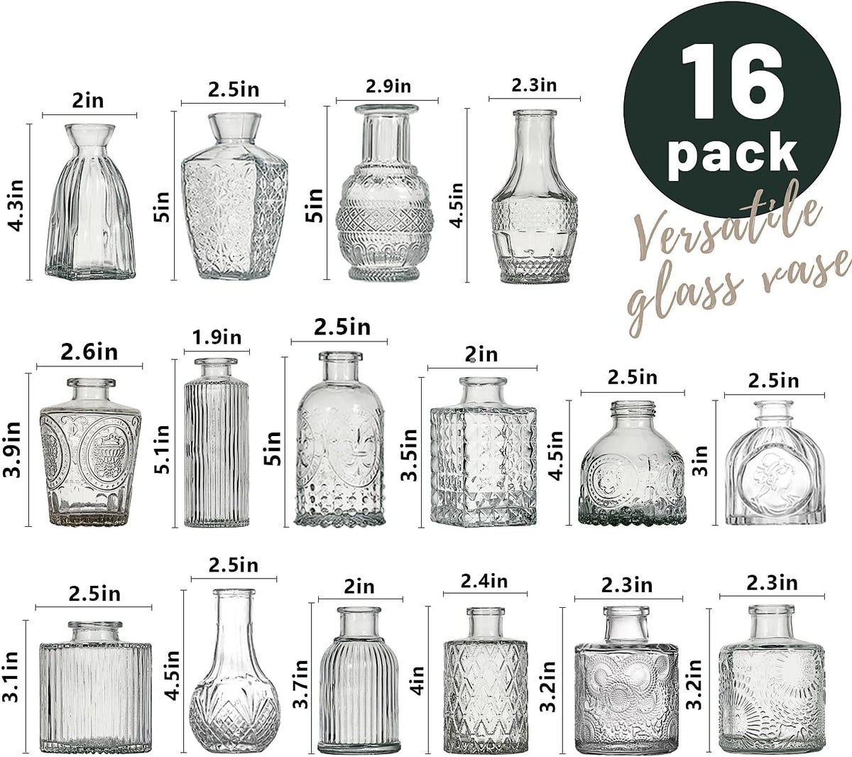 Glass Bud Vase Set of 16 Pcs Small Minimalist Vases for Flowers, Vintage Rustic Home Decor for Table Centerpiece Wedding Party, Modern Clear Aromatherapy Bottle for Living Room Bedroom