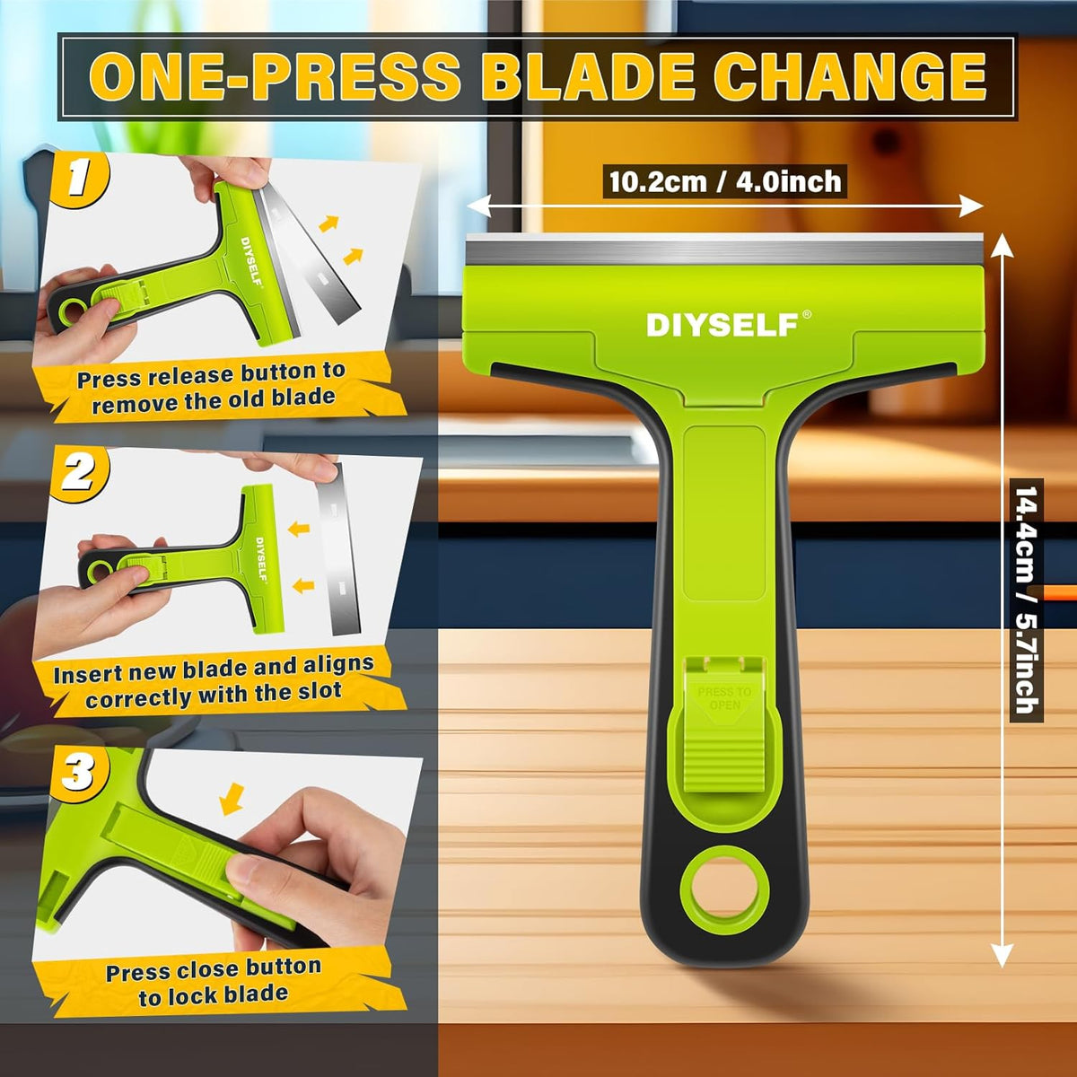 DIYSELF Razor Blade Scraper, 1 PCS Razor Scraper with Handle, Razor Blade Scraper Tool for Glass, Window Scraper with 10 PCS 4″ Blades, Razor Scraper Tool for Cleaning Stovetop, Oven, Shower Glass