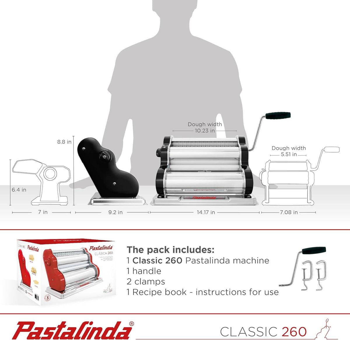 PASTALINDA Classic 260 Pasta Maker Machine, 26 cm Wide Rollers, 9 Thickness Positions, 2 Cutting Positions, Stainless Steel. Includes Reinforced Hand Crank And Two Clamps (Black)