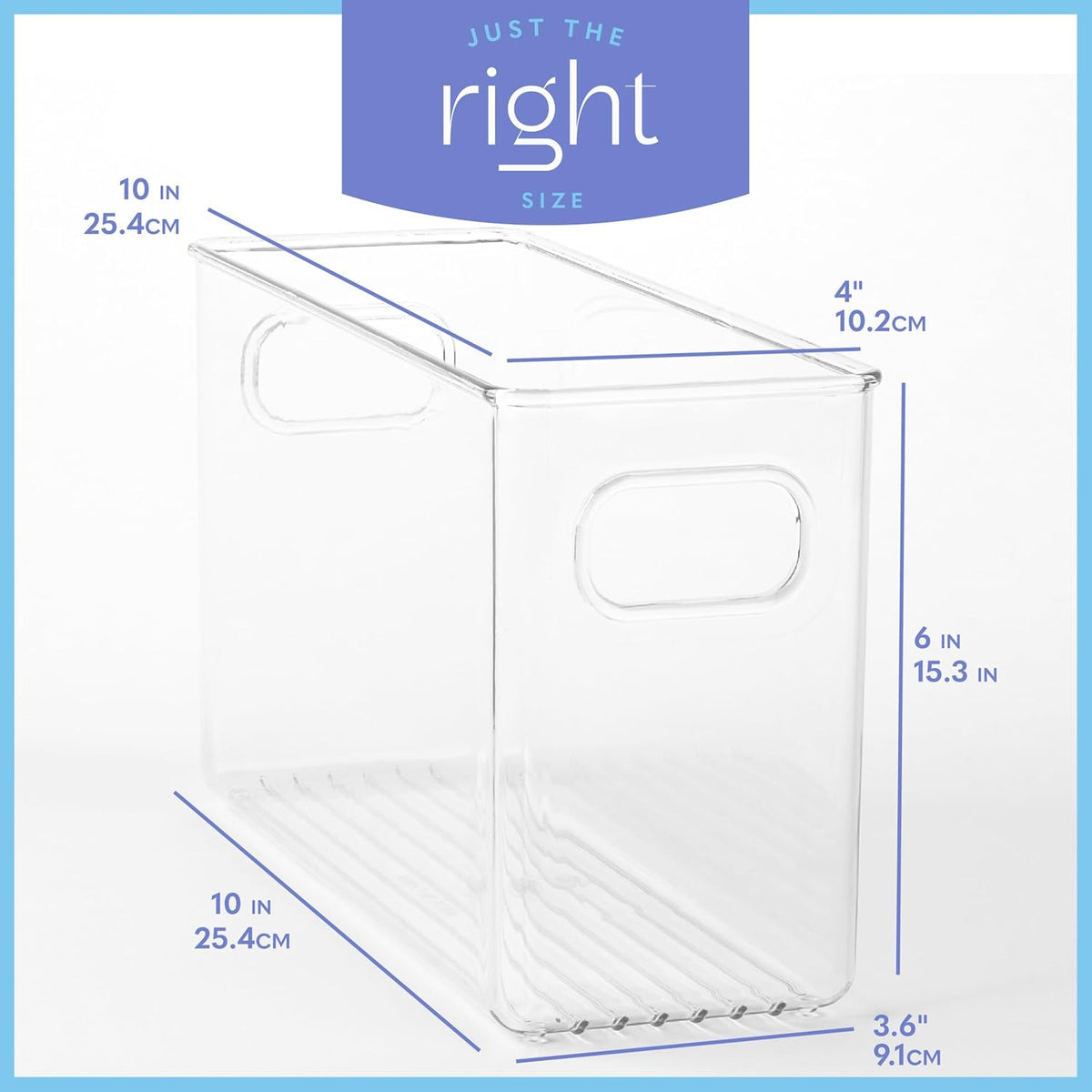 Plastic Food Storage 4 Pack Clear Container Bin with Handles for Organizing Kitchen, Pantry, Refrigerator, Freezer, Pantry, Cabinet, Closet, Bathroom. 10”x4”x6”