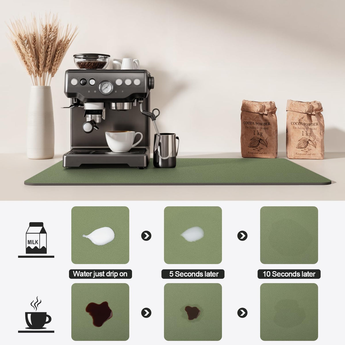 Dish Drying Mat for Kitchen Counter | Coffee Bar Mat for Countertops | Heat Resistant Drainer Mat with Non-slip Rubber Backed | Hide Stain Kitchen Absorbent Draining Mat | Green 18"x24"
