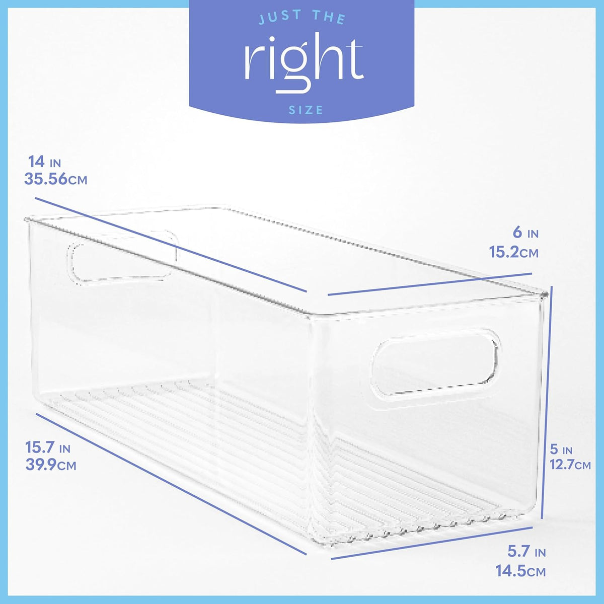 Plastic Food Storage Clear Container Bin with Handles for Organizing Kitchen, Pantry, Fridge, Freezer, Pantry, Bathroom. 14"x6"5"