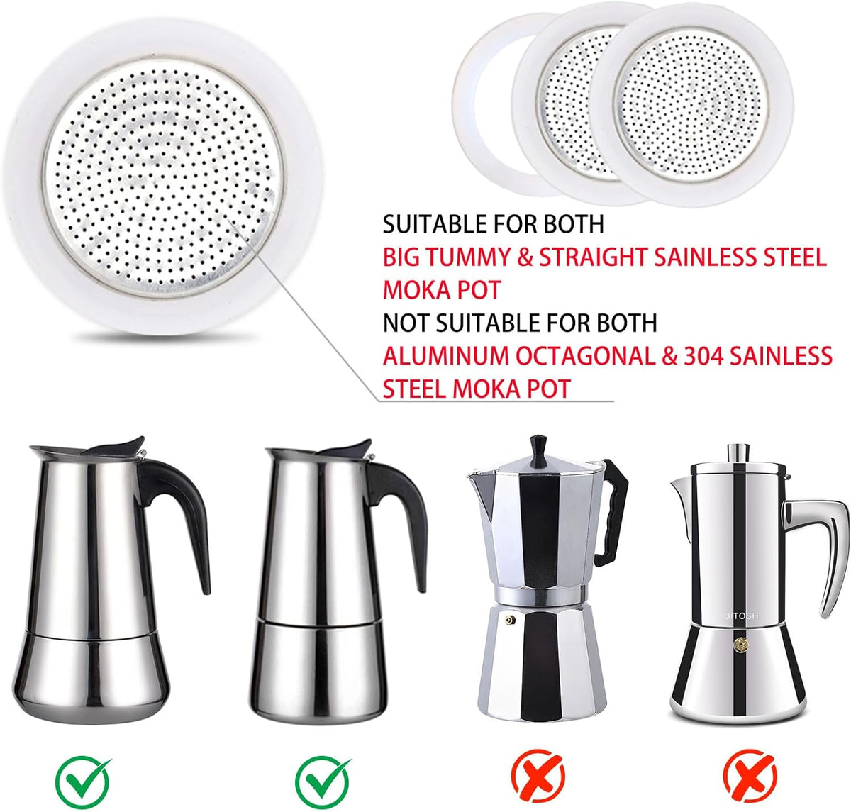 2 Pcs Filter with 3 Pcs Silicone Gasket Seals for 9 Cup 12 Cup Stovetop Espresso Coffee Maker Replacement Parts for Big Tummy and Straight Stainless Steel Moka Pot
