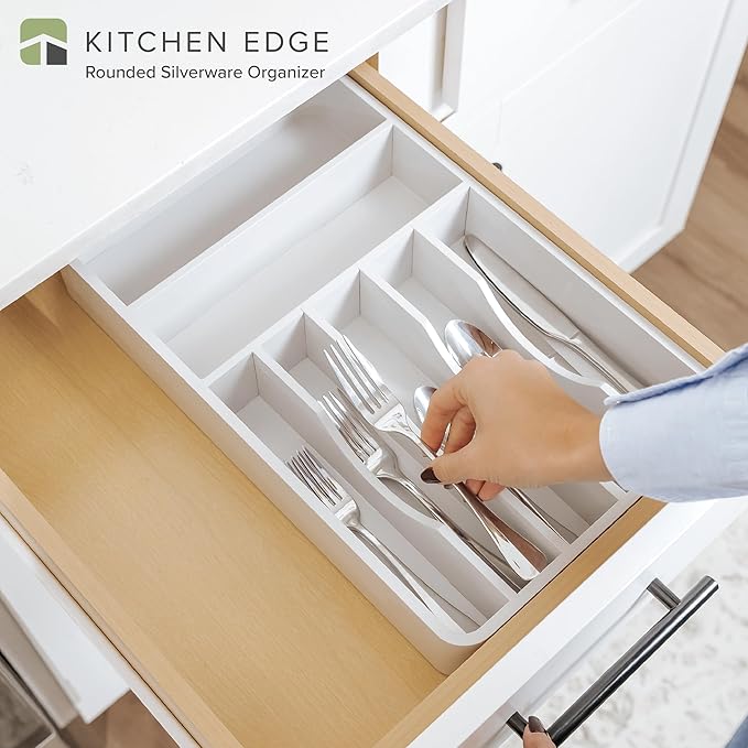 Silverware Organizer - Cutlery, Flatware, and Utensil Holder for Kitchen Drawers, Fixed 10.5” Width, 7 Storage Compartments, Non-Slip Feet, Rounded Corners, 100% Bamboo, White Finish