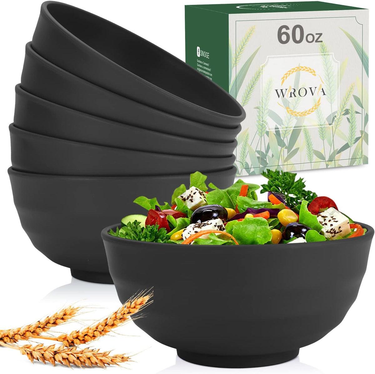 Wheat Straw Bowls Set 60 OZ Unbreakable Large Cereal Bowls Set of 6 Microwave and Dishwasher Safe Bowls Big Bowls for Camping and Picnic BPA Free Soup Bowl for Serving Oatmeal and Salad. Black