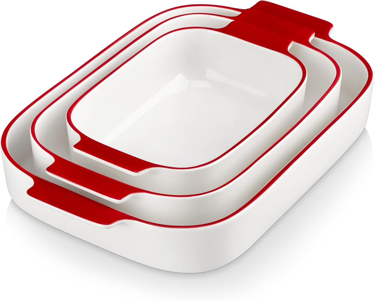 MALACASA Casserole Dishes for Oven, Ceramic Baking Dishes Set of 3, Rectangular Lasagna Pan Deep Baking Pans, Bakeware Sets with Handles Gift Set, White with Red Trim (13.8''/11.7''/9.4''), Series BAKE