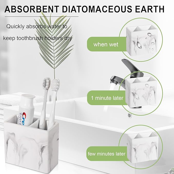Diatomite Toothbrush Holder 2 Slots Tooth Brush Holder for Bathroom, Kids Electric Toothbrush and Toothpaste Organizer for Countertop, Shower, Vanity, Marble White