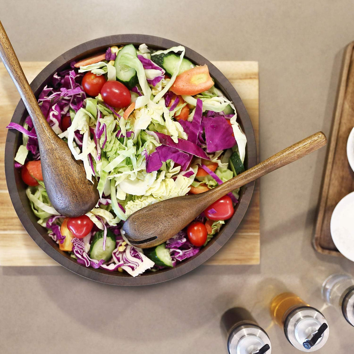 Wooden Salad Bowl, Acacia Walnut Wood Salad Bowl Set, 12 * 4.3 inch Large Natural Wooden with Fork and Spoon,Premium Eco-Friendly 346oz /10.8qt for Kitchen,Dining,Serving & Mixing Food