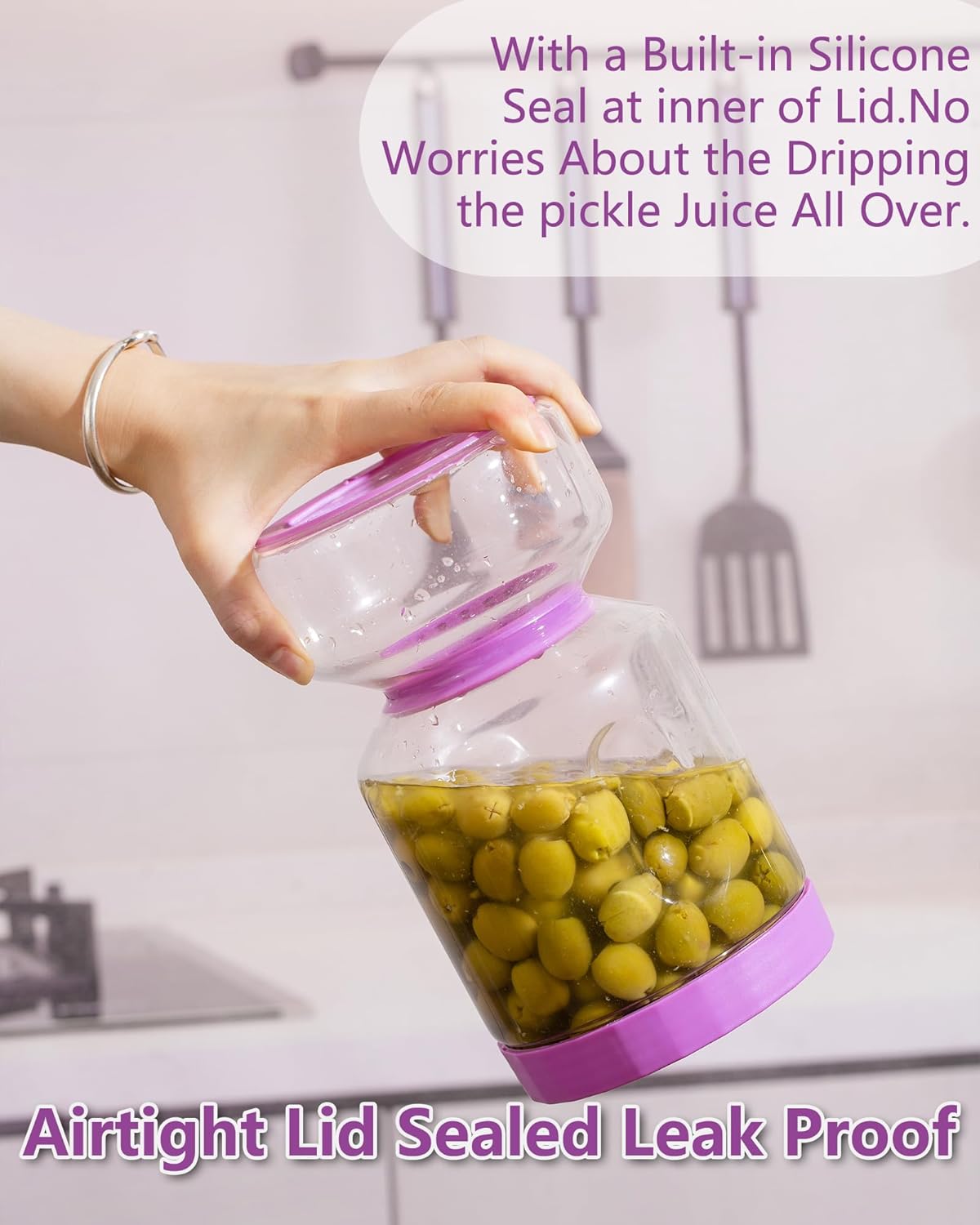 ZENS Pickle and Olive Hourglass Jar with Strainer Flip for Pickle Juice Separator from Wet and Dry, Leak-proof Airtight Container Pickling Jars for Dill Sliced Storage, Gifts for Mom