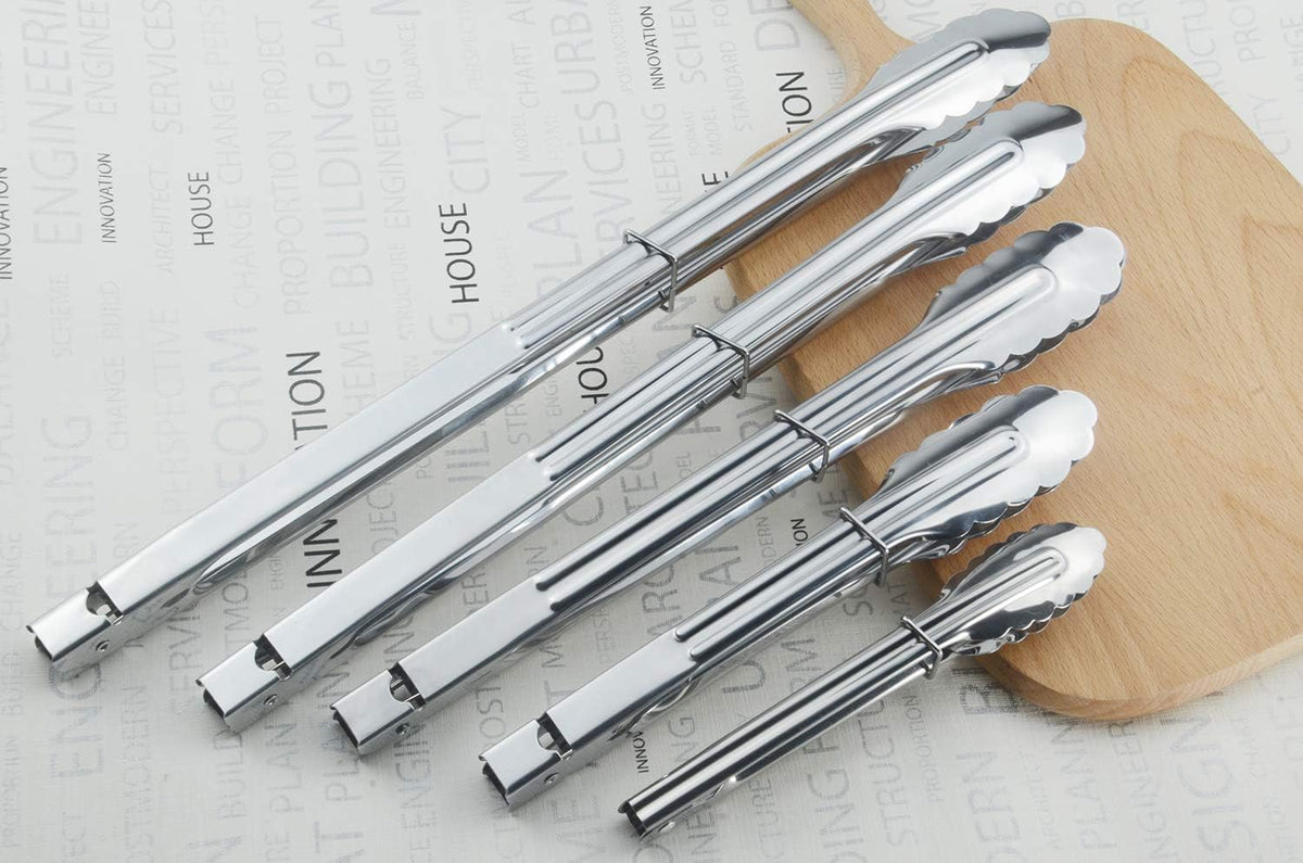 Stainless Steel Spring Locking Food Tong Set Utility Metal Tongs for Serving Cooking Grilling and Barbeque (9 12 14 Inch 3 Pieces)
