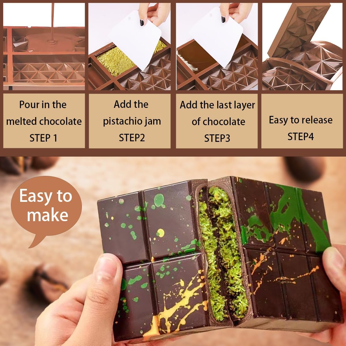 Deep Chocolate Molds Silicone - 4 Different Shapes,Dubai Chocolate Bar Mold,Homemade Candy Bar Baking Molds - Set of 2