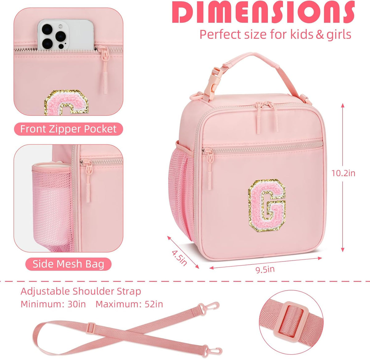 Initial Insulated Lunch Bag for Girls Kids, Back to School Gift, Reusable Leak-proof Lunch Box with Adjustable Strap for School Daycare Travel Picnic (Pink,G)