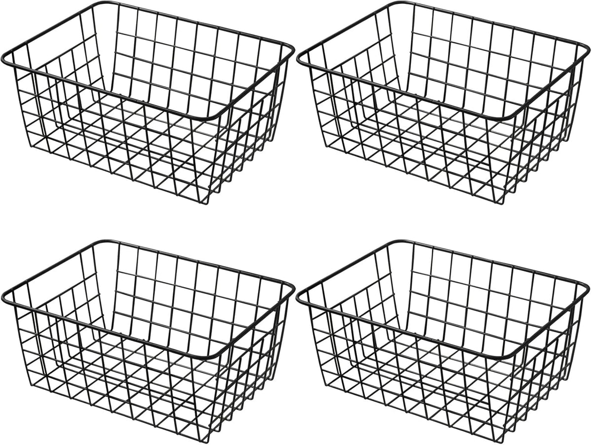 11" Upright Freezer Storage Baskets, Black Wire Storage Bins Small Bakset for Freezer, Pantry, Bathroom Organizing, Set of 4