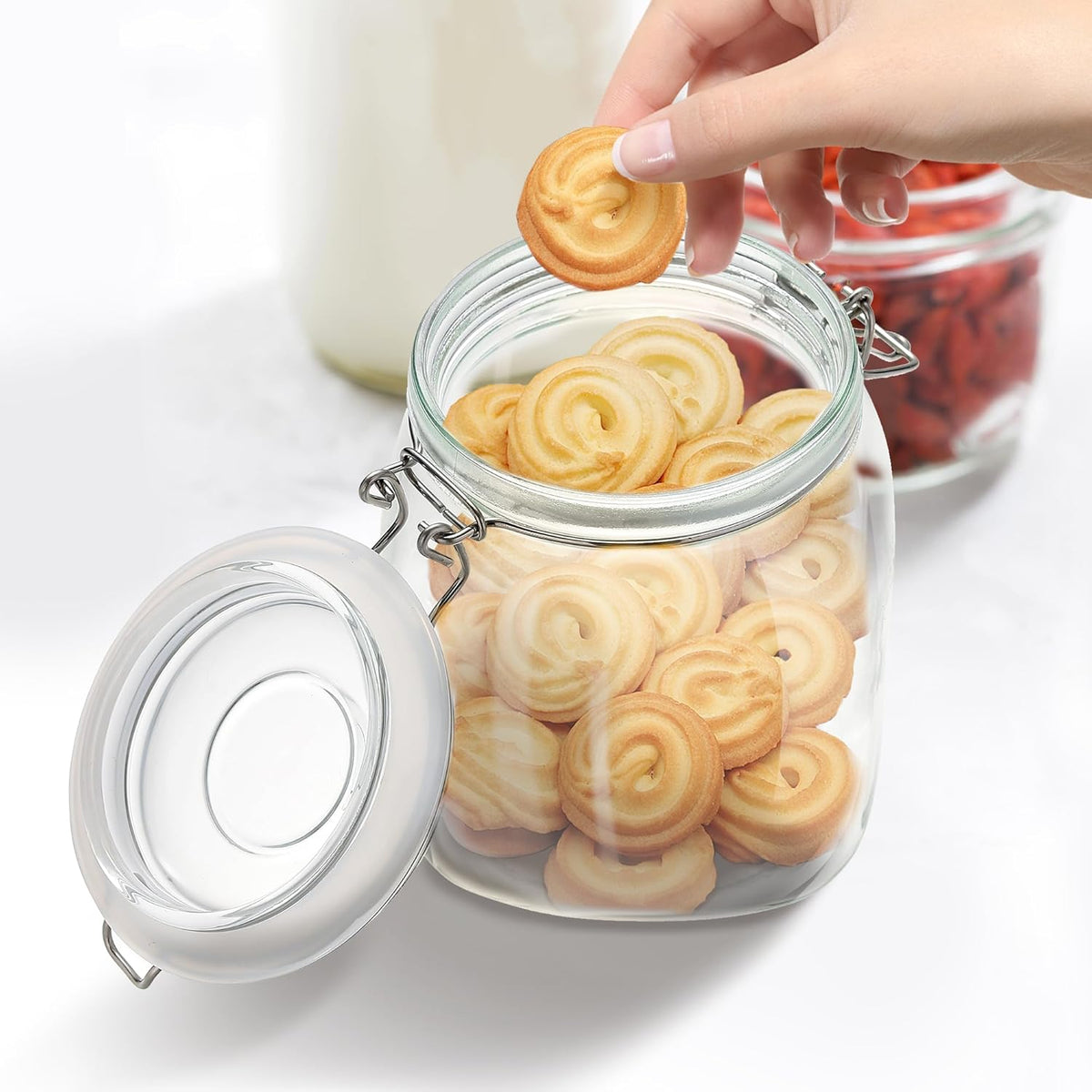 Glass Food Storage Jars with Airtight Lids 34 oz Square 4 Pack Kitchen Storage Containers Large Cabinet Canisters Sealed Pot Canning for Pasta, Cereal, Coffee, Beans, Spice