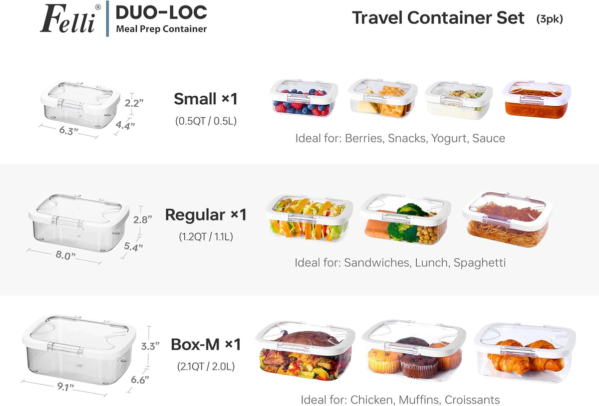 Felli Duo Loc Tritan Meal Prep Containers Microwave Safe BPA FREE, Leak Proof Lunchable Container for Leftovers Kitchen Fridge Freezer, Reusable On the Go Lunch Plastic Travel Box (Beginner 3pk)