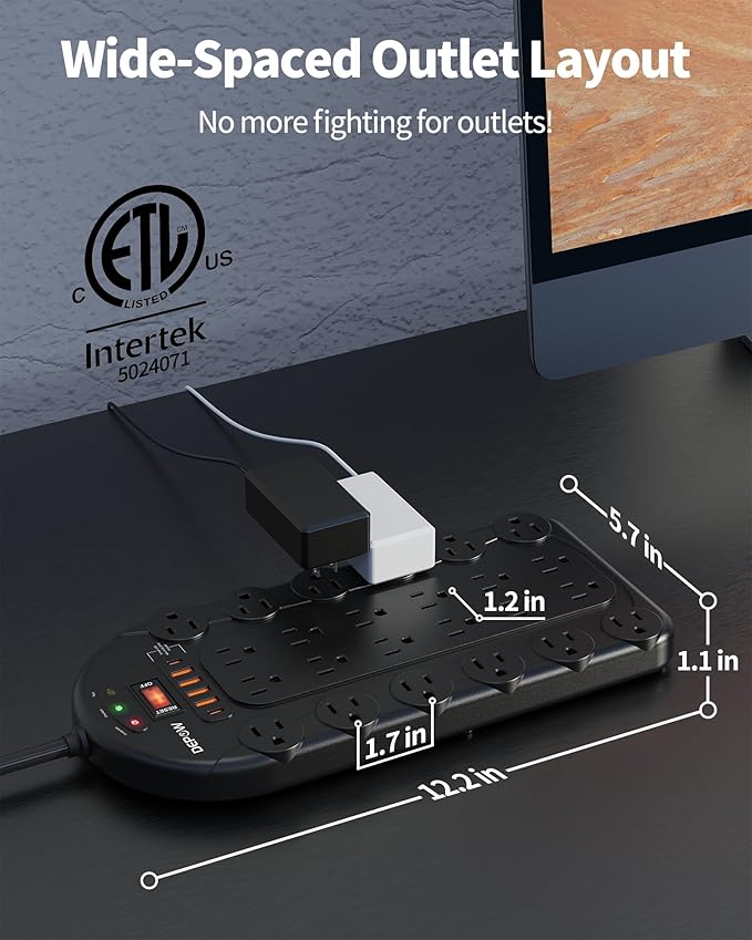 15Ft Power Strip Surge Protector (3,400 Joules), DEPOW 24 AC Multiple Outlets (1875W/15A) with 6 USBs (2 USB-C Ports), ETL Listed, Flat Plug Heavy Duty Long Extension Cord for Home, Office, Black