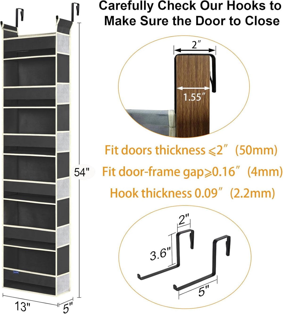 Over The Door Hanging Organizer 6-Shelves and 12 Side Pockets, Over The Door Storage Organizer, Back of Door Organizers for Baby Accessories and Children's Toys (13"x5"x54", Black)