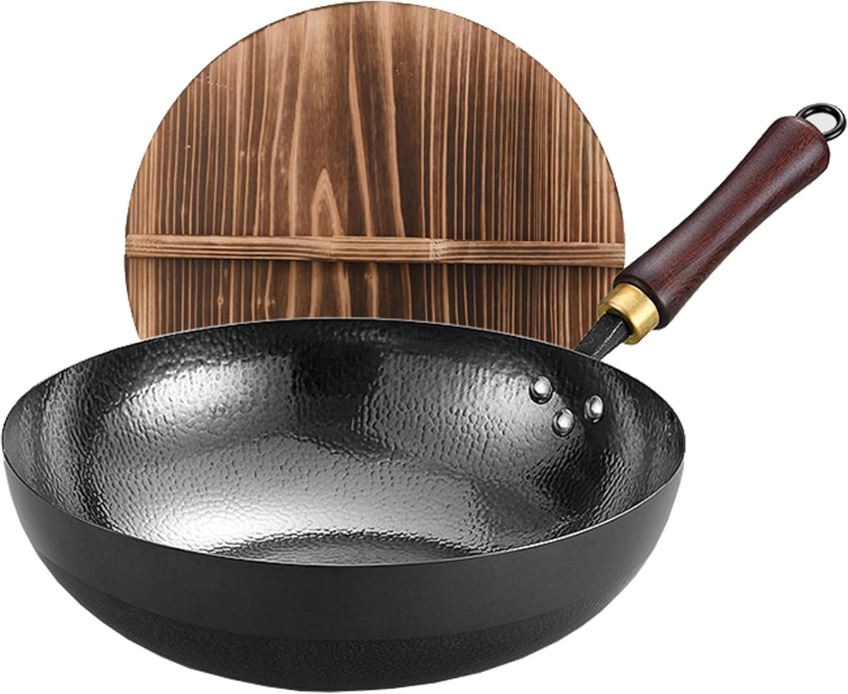 Carbon Steel Pan, 12.5″ Woks & Stir-Fry Pans with Wooden Lid Cookwares, Nonstick Wok, No Chemical Coated Flat Bottom Hand Hammered Chinese Wok For Gas