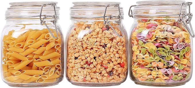 ComSaf Airtight Glass Canister Set of 3 with Lids 34oz Food Storage Jar Square - Storage Container with Clear Preserving Seal Wire Clip Fastening for Kitchen Canning Cereal,Pasta,Sugar,Beans,Spice