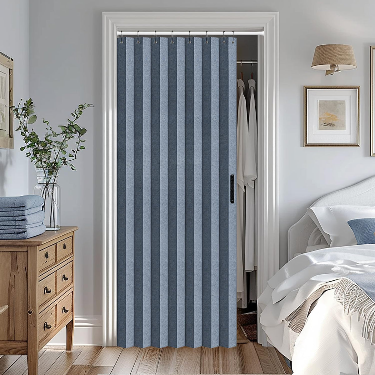 Vatge Accordian Style Door Curtains for Bedroom, and Closet Without Door, Room Divider Curtain for Living Room/Bathroom/Bedroom, 1 Panel with Tieback, W39 x L78, Blue