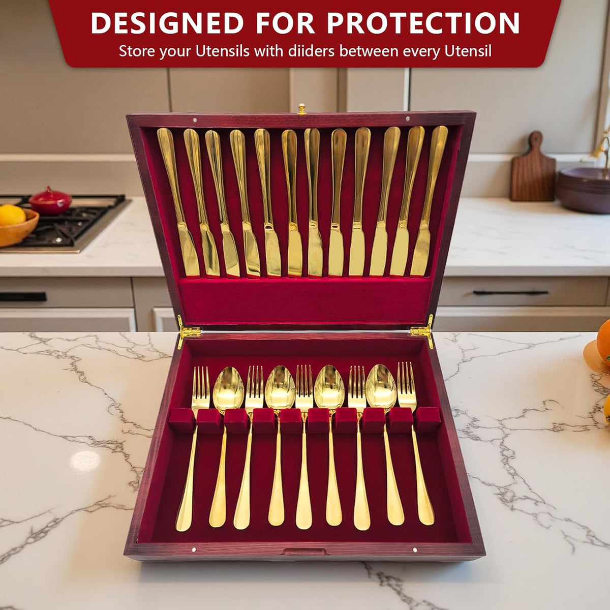 Silverware Storage Box, Kitchen Drawer Organizer, Drawer-containing flap-type storage box, Wood Chest, with Tarnish Proof Felt Lined, Storage Silver Chest for Kitchen (1 layer)