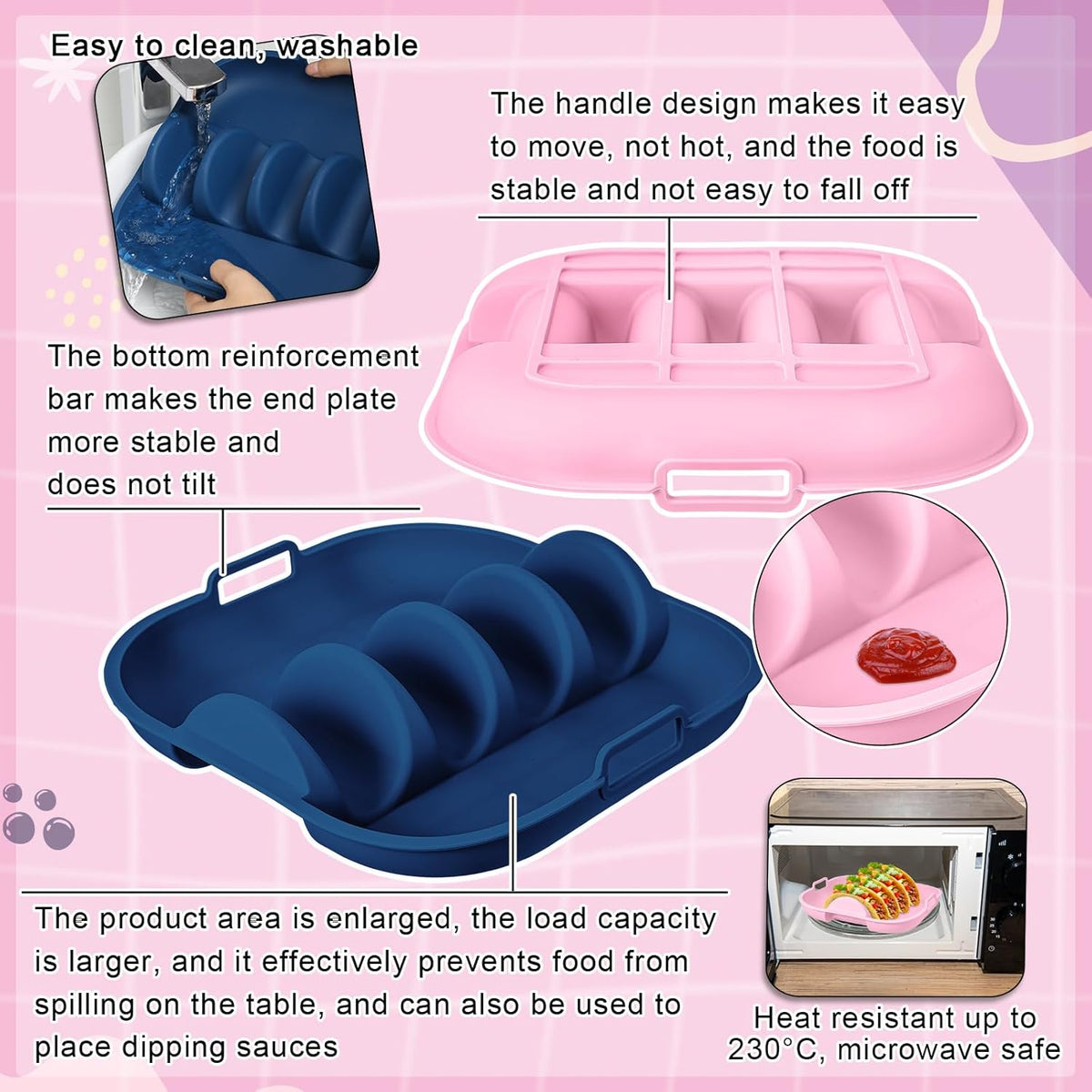 Remerry Silicone Taco Holder Plates Set of 2 Colorful Reusable Taco Holder with 4-Shell Slots for Hard/Soft Serving Plates Dishwasher Microwave Family Dinner Tortillas Party Serving(Blue, Pink)