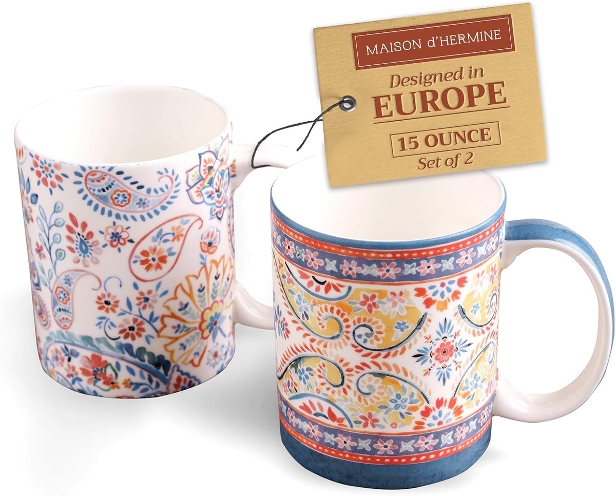 Maison d' Hermine Coffee Mug with Handles Fine Bone China Mugs Pack of Two Tea Cups for Hot Beverages Cappuccino Latte Home Restaurant Office Perfect for Gift (Indian Floral, 12 Ounce)