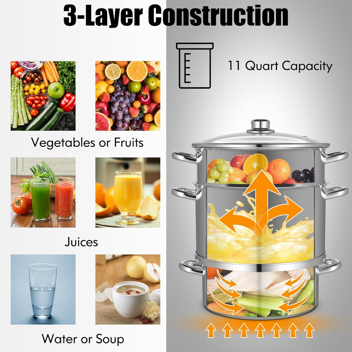 Giantex 11 Quart Juice Steamer Fruit Vegetables Juicer Steamers w/Tempered Glass Lid, Hose, Clamp, Loop Handles Stainless Steel Steam Juicer Multipots Kitchen Cookware for Making Juice, Jelly, Pasta