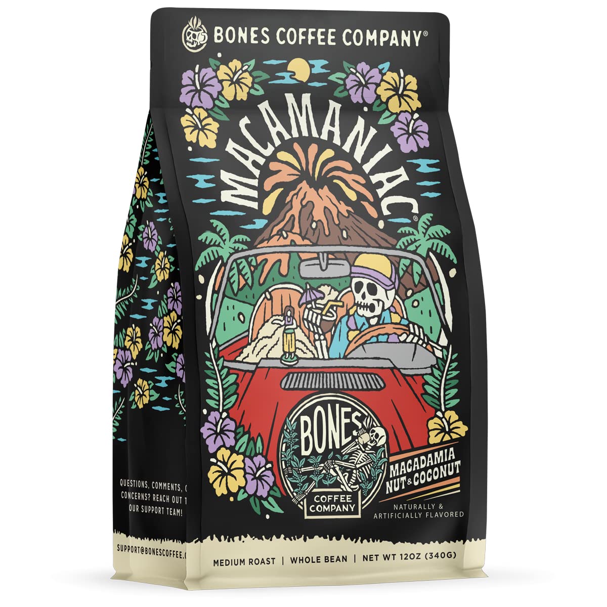 Bones Coffee Company Macamaniac, Macadamia and Coconut Flavored Coffee, Medium Roast Low Acid Arabica Beans Compatible with Auto drip and French Press Coffee Maker, 12 Oz Whole Bean
